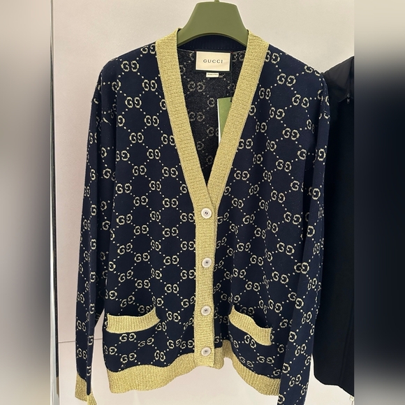 Gucci Navy blue and gold GG Cotton Lame Cardigan Size S - Picture 1 of 8